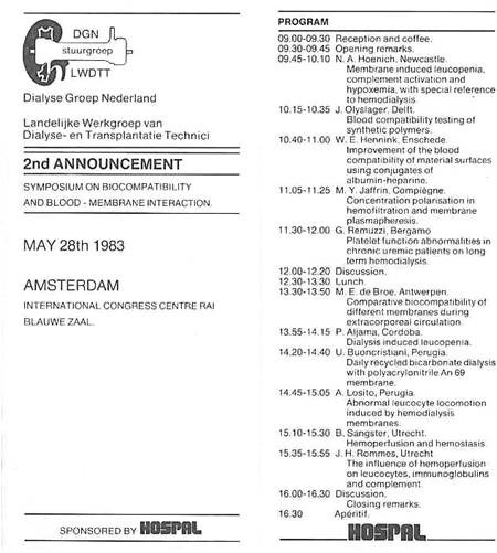Amsterdam 1983. Programma del congresso sulla biocompatibilità in dialisi